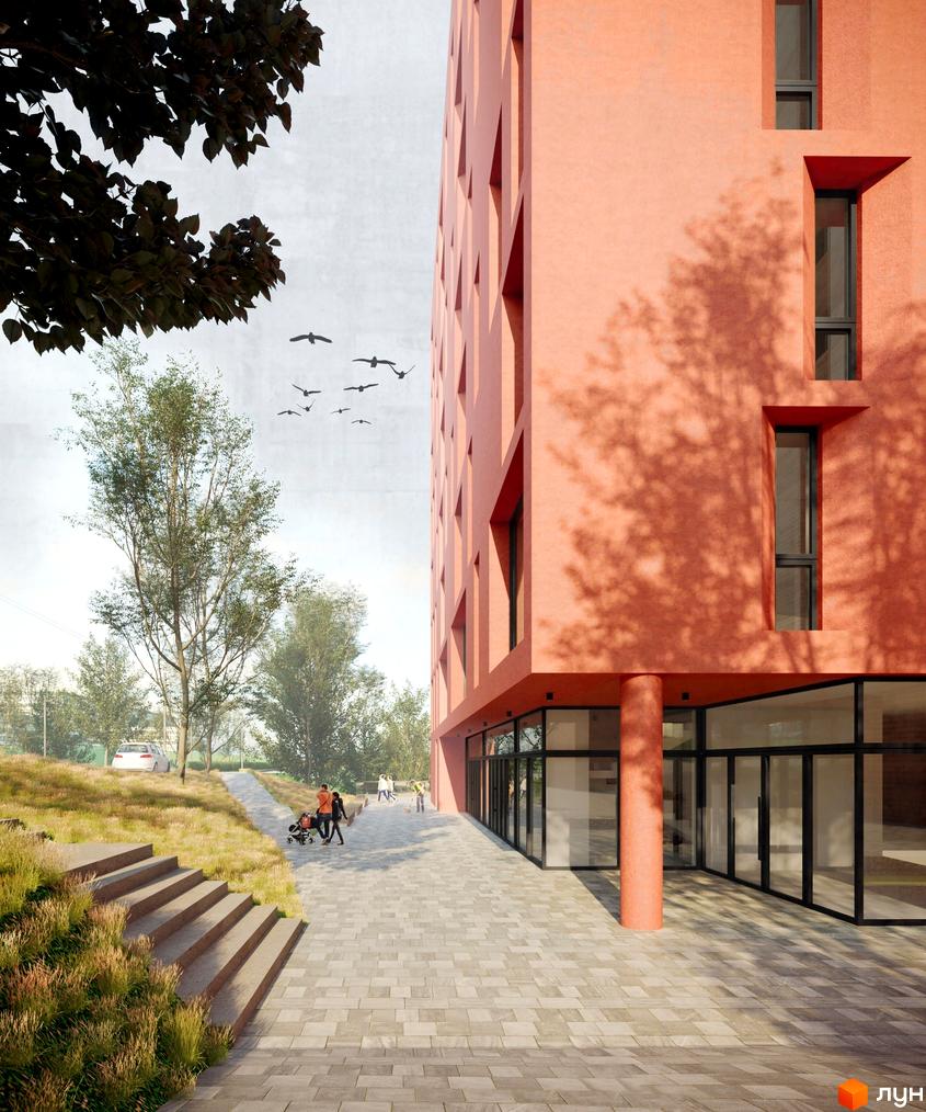 Апарт-комплекс Кампус: будівля з помаранчевим фасадом, глибокими вікнами та тінями від дерев. Прибудинкова територія має бруківку, зелені насадження та сходи.