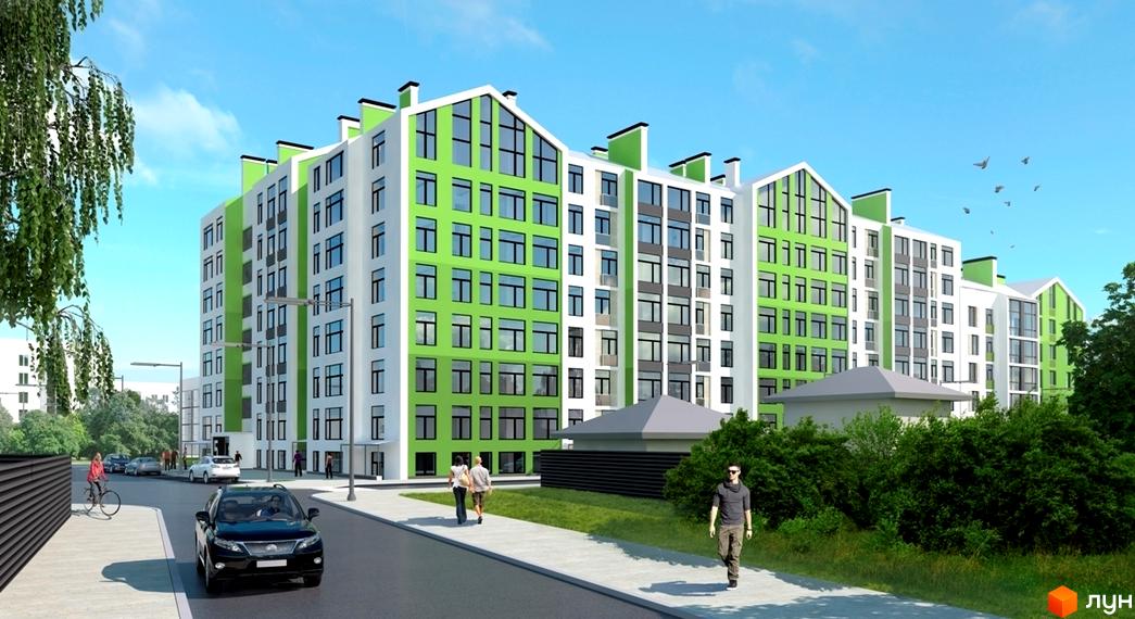 Багатоповерховий Житловий комплекс Skyland з біло-зеленими фасадами та вікнами. Поруч дорога, тротуар, зелені насадження та люди.