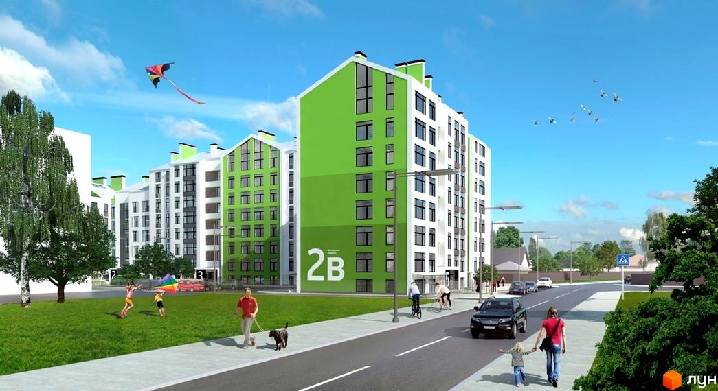 Житловий комплекс Skyland: багатоповерхові будинки з зеленими та білими фасадами, поруч дорога, зелені насадження та люди на прогулянці.