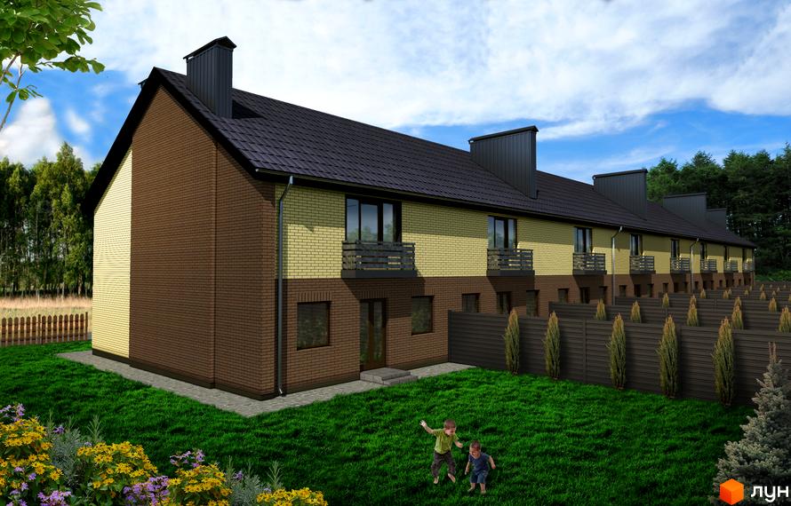 Ряд таунхаусів WestSide з двоколірним цегляним фасадом та темним дахом. На зеленому газоні граються діти, поруч огорожа та дерева.