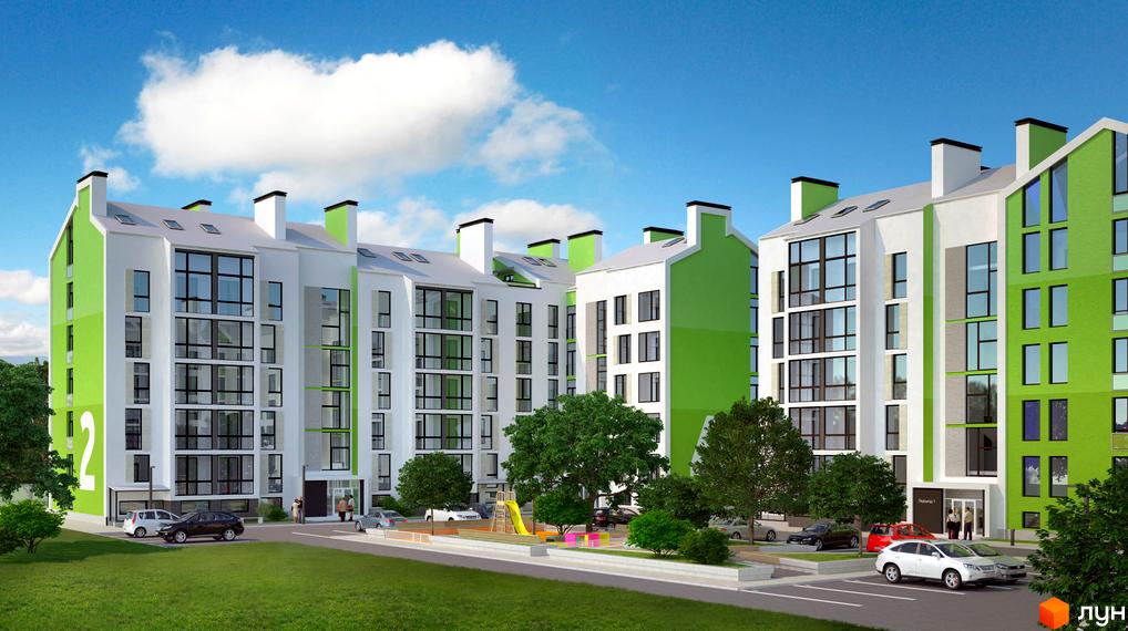 Житловий комплекс Skyland: багатоповерхові будинки з білими фасадами та зеленими акцентами, великі вікна. Прибудинкова територія з газонами, парковкою та дитячим майданчиком.