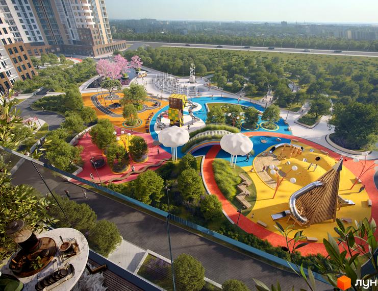 Житловий комплекс KADORR City з яскравим дитячим майданчиком та зоною відпочинку. Сучасна архітектура та зелена прибудинкова територія.