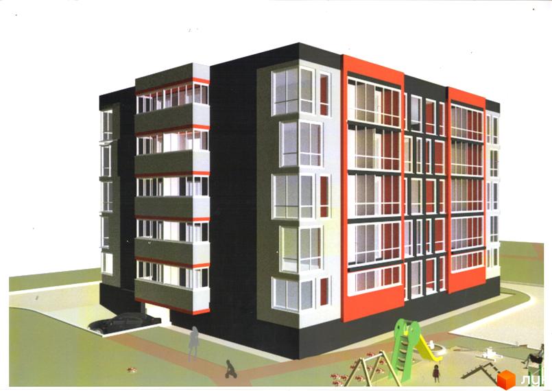 Фасад Житлового комплексу Микулинецька-Кемпінг з балконами та вікнами, виконаний у чорних, червоних та сірих кольорах, поруч дитячий майданчик.