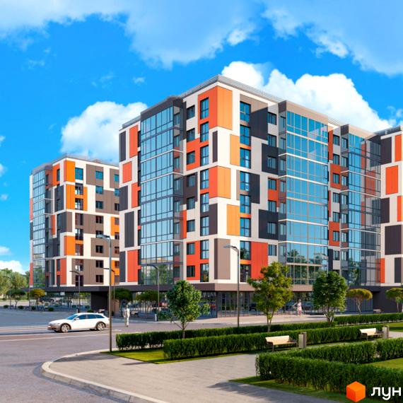 Житловий комплекс Orange City: багатоповерхові будинки з помаранчевими, сірими, білими фасадами та великими вікнами. Прибудинкова територія з зеленню.