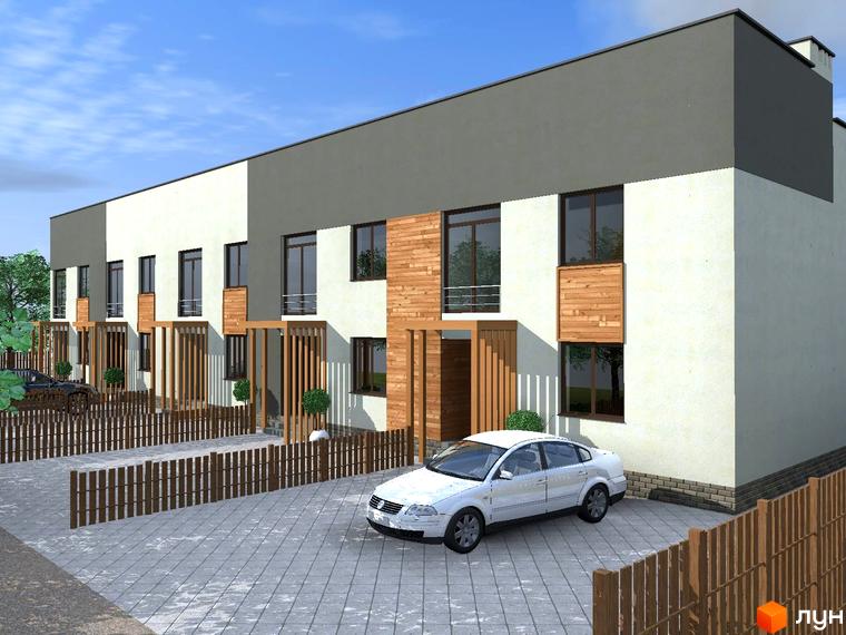 Новобудова на пров. Срібний: будинки з біло-сірим оздобленням та дерев'яними вставками. Прибудинкова територія має бруковане покриття та дерев'яний паркан.