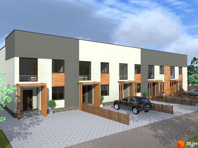 Ряд двоповерхових таунхаусів з біло-сірим фасадом та дерев'яними елементами. Перед будинками вимощена територія з автомобілем та дерев'яними огорожами.
