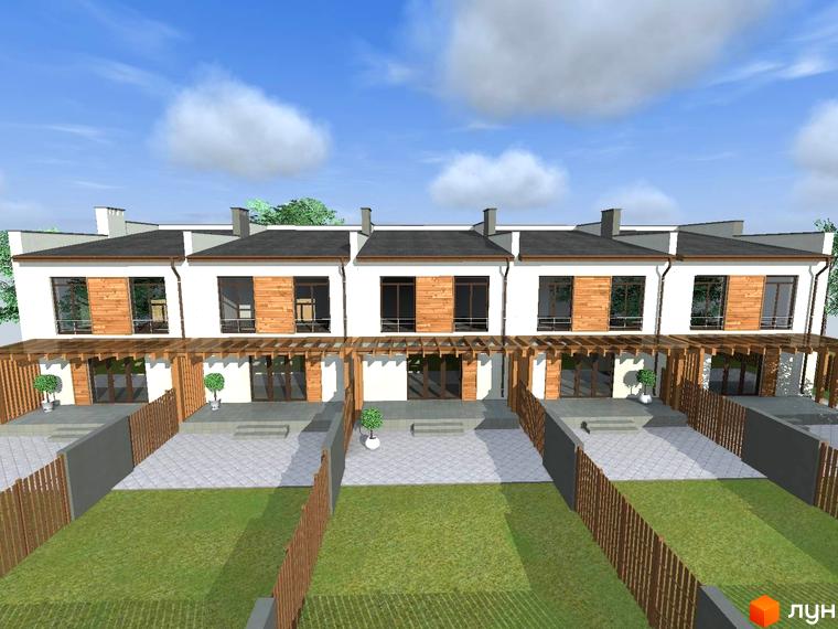 Ряд білих таунхаусів з темними дахами та дерев'яними елементами. Прибудинкова територія включає патіо та зелені галявини з огорожами.