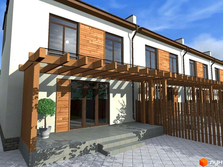 Фасад новобудови з білими стінами, коричневими вікнами та дерев'яними декоративними панелями. Перед будинком тераса з перголою.