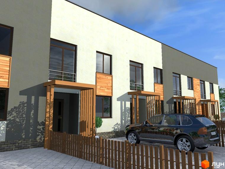 Зображення фасаду будинку житлового комплексу з деревʼяними елементами та парканом. Поряд припаркований автомобіль.