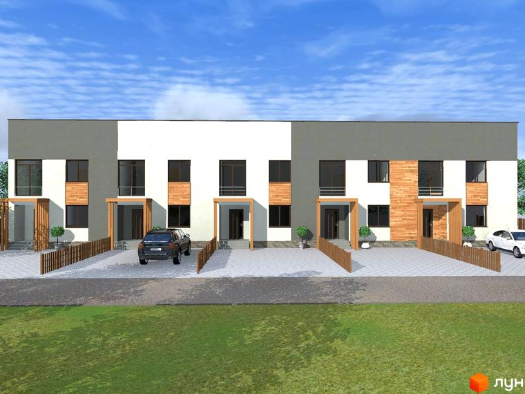 Зображення фасаду будинку житлового комплексу з парковкою та невеликою огорожею. На передньому плані газон.