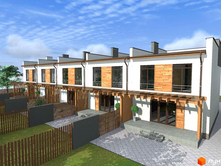 Ряд двоповерхових таунхаусів білого кольору з дерев'яними елементами та великими вікнами. Перед будинками облаштовані патіо та зелені газони з дерев'яними огорожами.