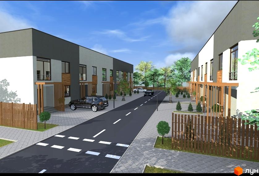 Зображення житлового комплексу з будинками з сірими фасадами та дерев'яними елементами. На території є дорога, тротуари, дерева та парковка.