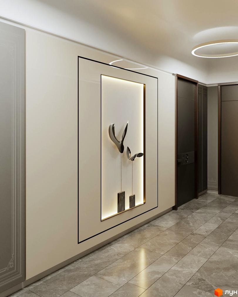 Інтер'єр холу новобудови ЖК Creator City з картиною на стіні та дверима. Сучасний дизайн коридору з мармуровою підлогою.
