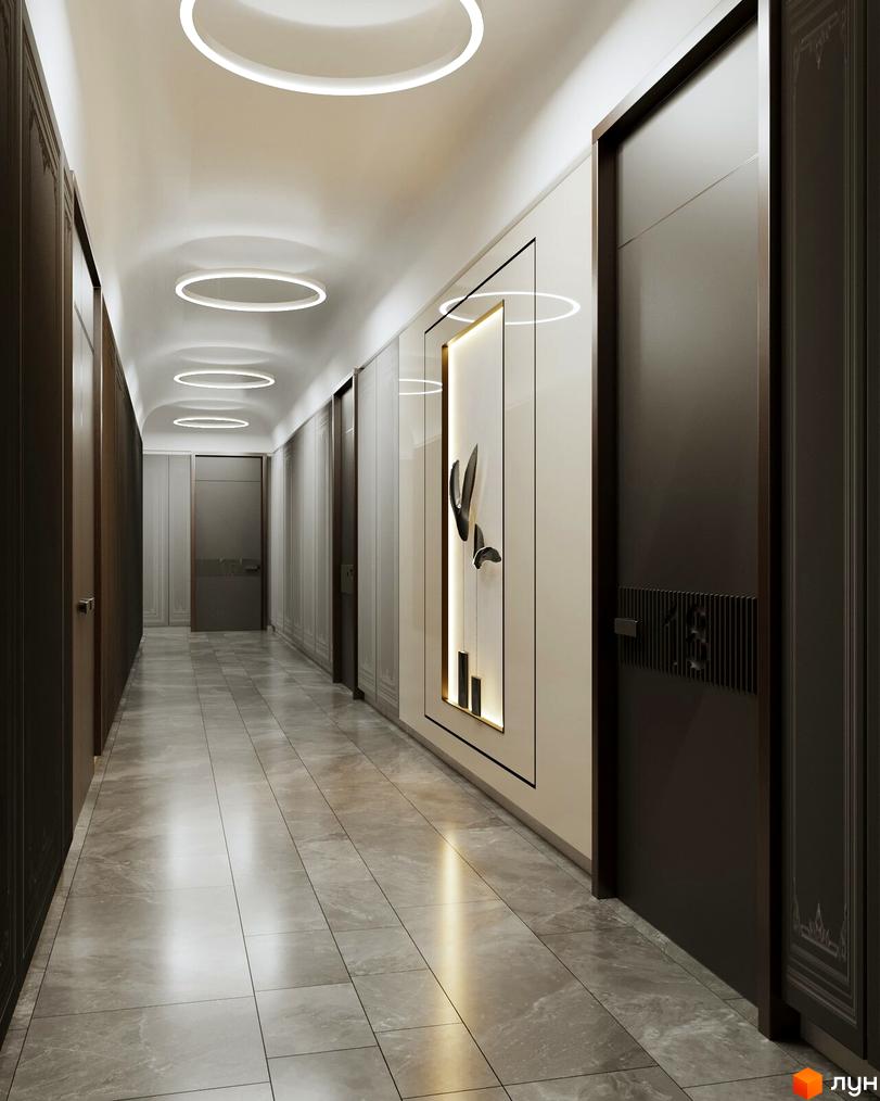 Дизайн коридору ЖК Creator City з мармуровою підлогою та підвісними кільцевими світильниками. Сучасний інтер'єр новобудови з дверима темного кольору та декоративним панно.