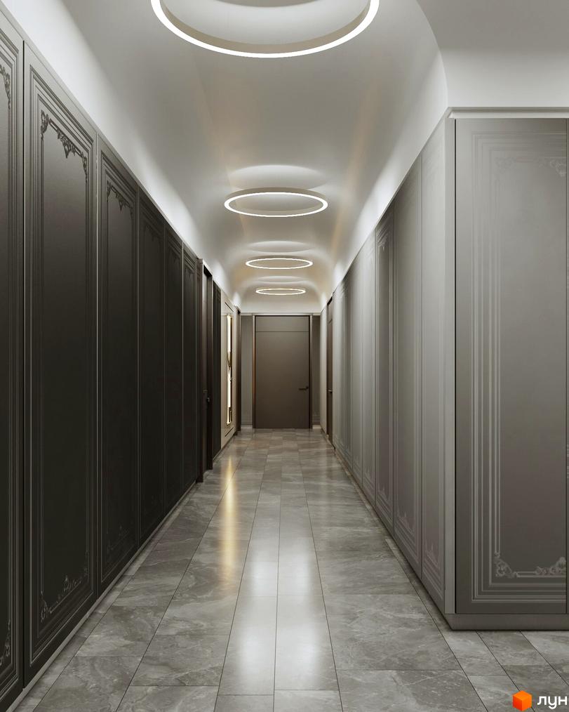 Інтер'єр коридору в новобудові ЖК Creator City з підлогою з мармурової плитки та вбудованими шафами. Освітлення забезпечують круглі підвісні світильники на стелі.