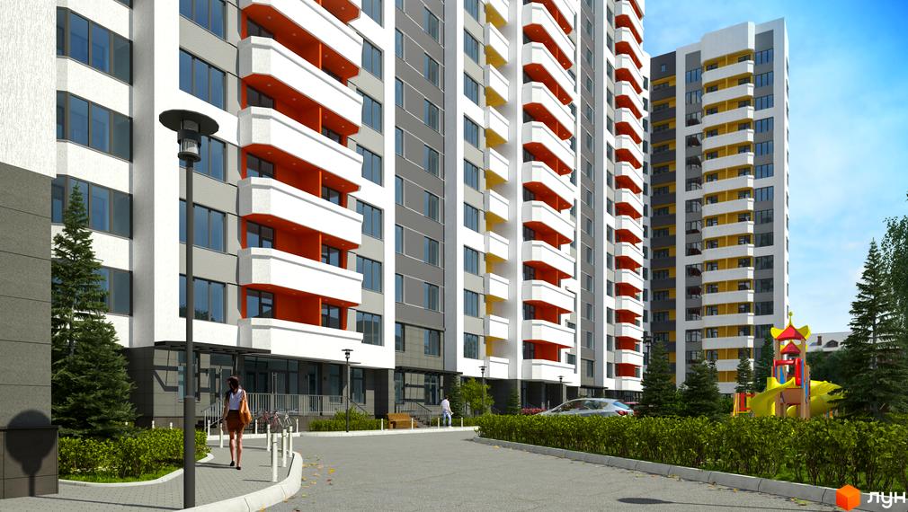 Житловий комплекс Наш будинок: багатоповерхові будинки з білими та сірими фасадами, яскравими балконами. Прибудинкова територія з зеленими насадженнями та дитячим майданчиком.