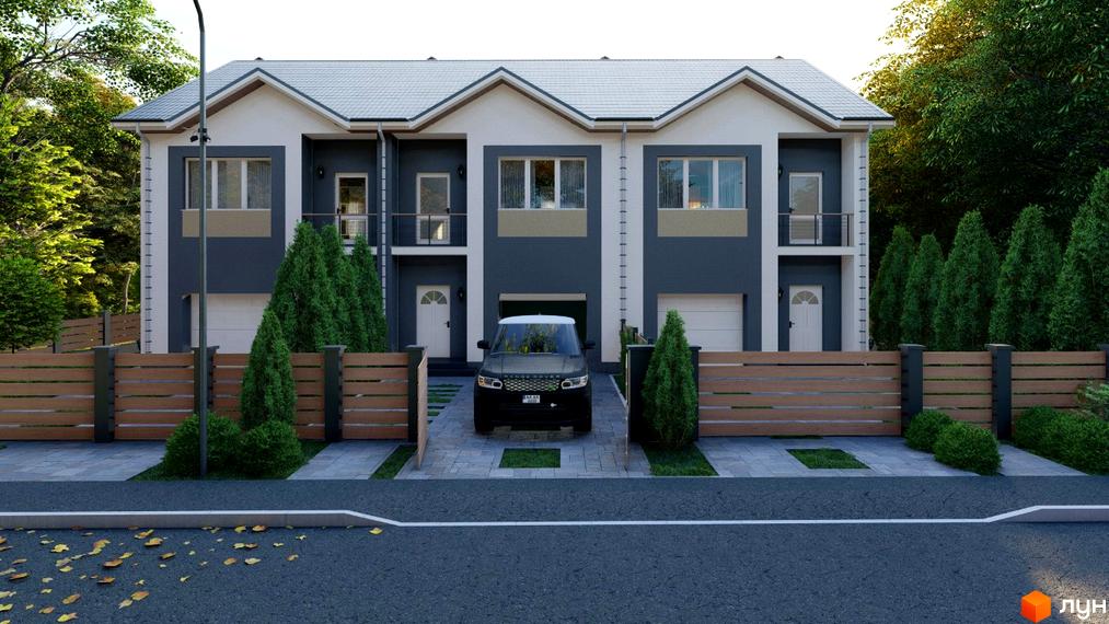 Зображення житлового комплексу на вул. Озерна: триповерхові таунхауси з біло-сірим фасадом, дерев'яний паркан та зелені насадження.