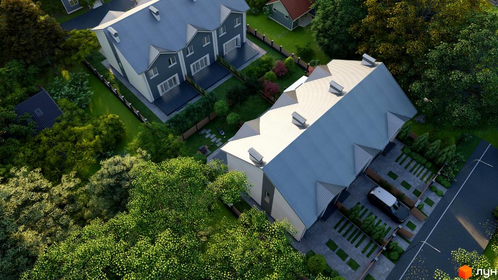 Аерофото житлового комплексу на вул. Озерна: будинки з сірими дахами та світлими фасадами, прибудинкова територія з зеленими газонами та деревами.