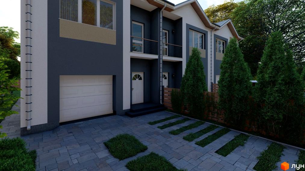 Зображення фасаду будинку житлового комплексу. На передньому плані бруківка з газонами.