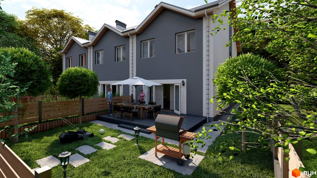 Сірі таунхауси з білими елементами фасаду та доглянутий двір з патіо, барбекю та газоном.