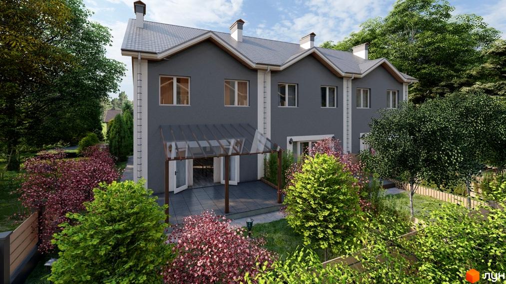 Фасад сірого будинку з білими елементами та сірим дахом на вул. Озерна. Прибудинкова територія має доглянуті зелені та червоні кущі, дерева.