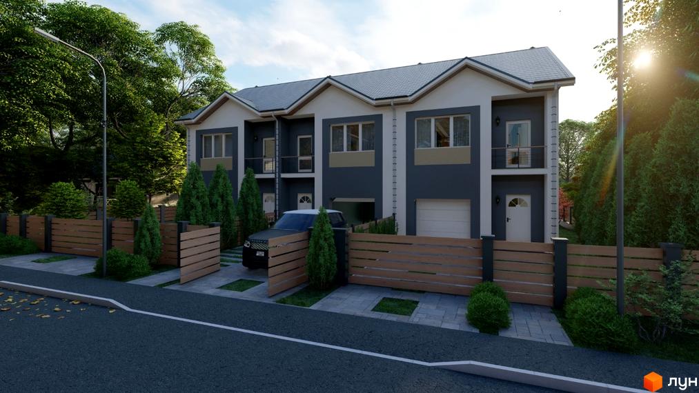 Ряд двоповерхових будинків з темно-сірим та білим фасадом і сірими дахами. Територія облаштована дерев'яними огорожами, зеленими насадженнями та бруківкою.