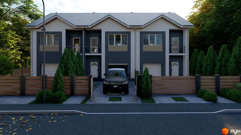 Триповерхові таунхауси з сірими дахами та темно-сірими фасадами на вул. Озерна. Територія має дерев'яний паркан, зелені насадження та бруківку.