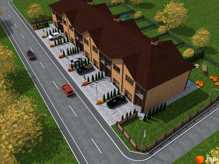 Ряд двоповерхових будинків з коричневими дахами та світло-коричневими фасадами. Перед ними парковка, дорога та зелені зони.