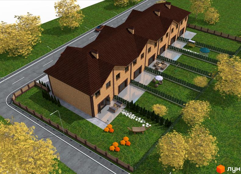 Зображення таунхаусів житлового комплексу на вул. Святошинська з цегляними фасадами та облаштованими задніми дворами.