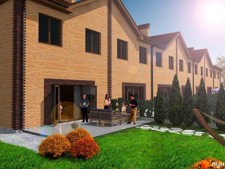 Зображення житлового комплексу на вул. Святошинська: будинки з цегли, зелений газон, патіо з меблями та декоративні кущі.