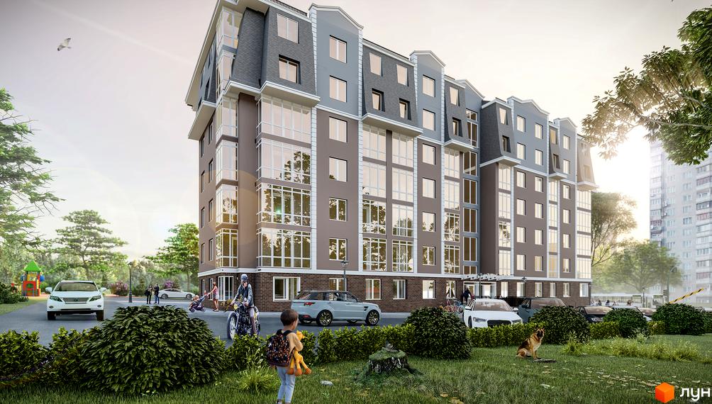 Клубний будинок „Павленко Хол“ має багатоповерховий фасад сірого та коричневого кольорів з великими вікнами. Прибудинкова територія облаштована зеленню, доріжками та парковкою.