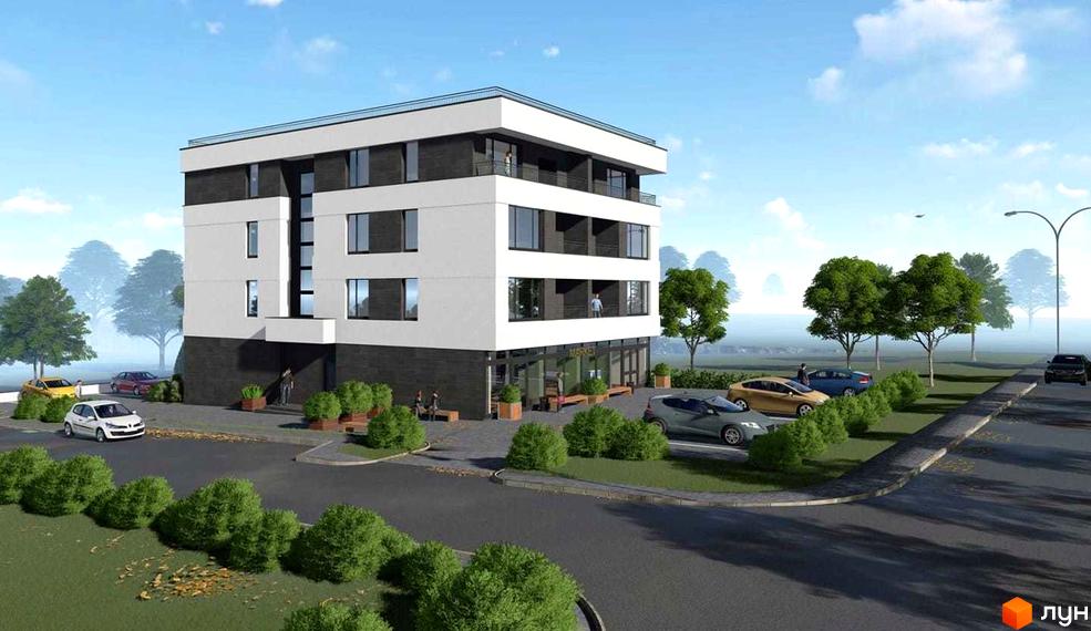 Житловий комплекс Санні Хіл: чотириповерхова будівля з білим і темним фасадом. Поруч парковка з автомобілями та доглянута зелена територія.