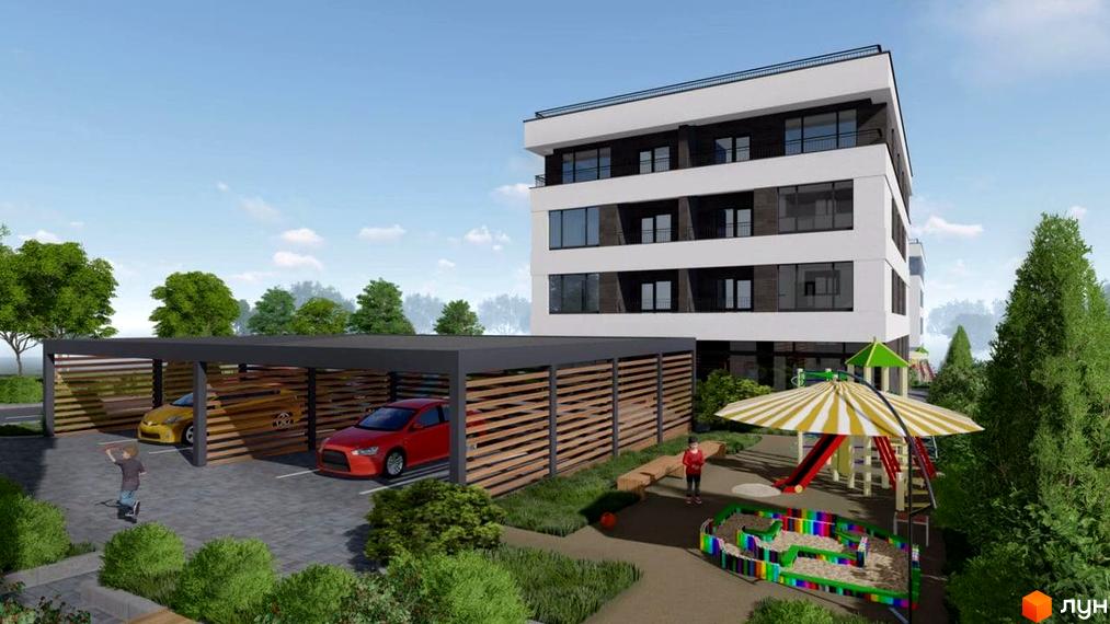 Житловий комплекс Санні Хіл: білий будинок з темними вікнами та балконами. На прибудинковій території є паркінг та дитячий майданчик.