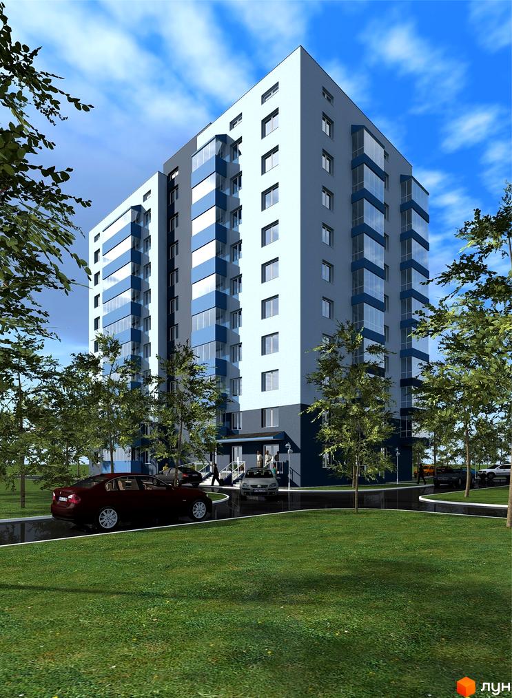 Багатоповерховий житловий комплекс на вул. Великотирнівська, 4а, світло-сірого та синього кольорів з балконами. Прибудинкова територія має зелений газон та дерева.