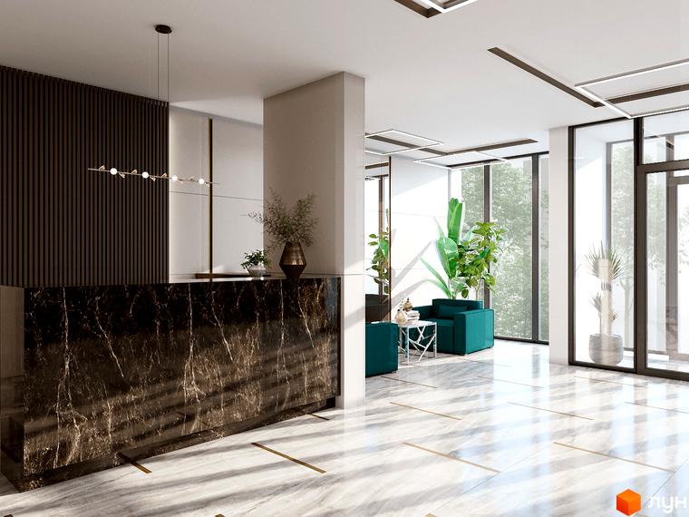 Інтер'єр холу в ЖК Метрополія-2 з мармуровою стійкою ресепшн, рослинами та великими вікнами з видом на зелень.