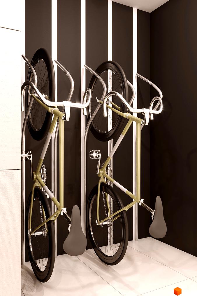 Велосипеди на стіні в ЖК Метрополія-2. Зручне зберігання велосипедів у новобудові, що дозволяє економити простір.
