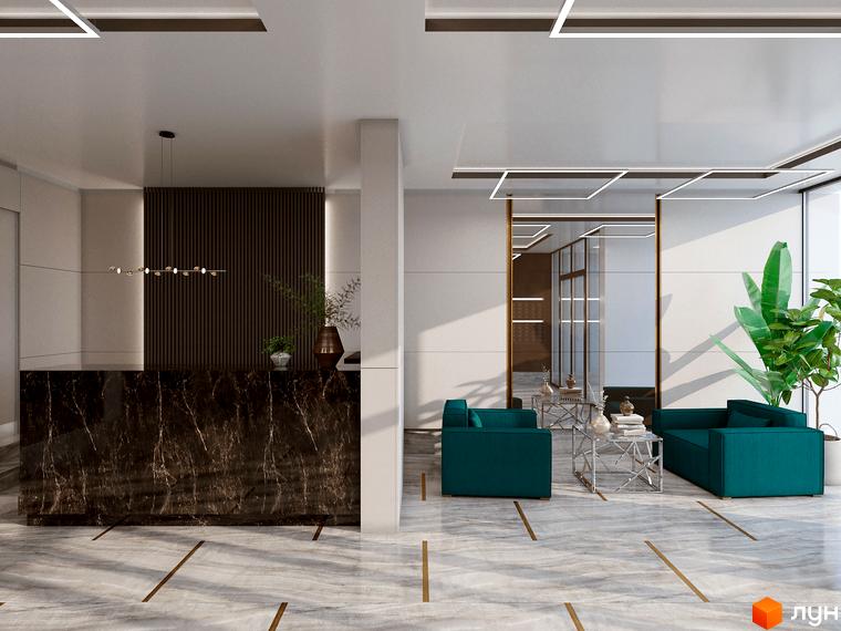 Інтер'єр холу ЖК Метрополія-2 з рецепцією з темного мармуру, зоною відпочинку з диванами та скляними столиками, великими вікнами та рослинами.