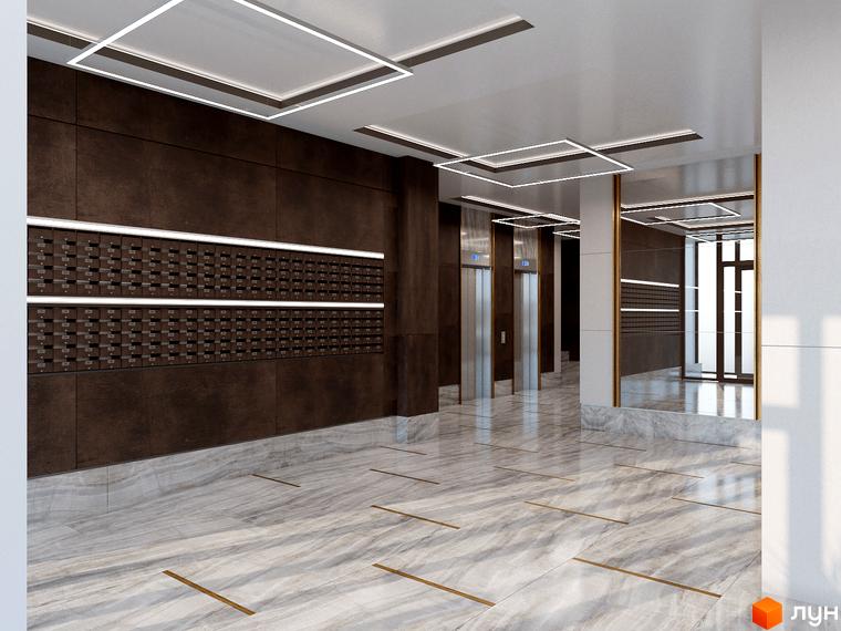 Інтер'єр холу в новобудові ЖК Метрополія-2 з мармуровою підлогою, поштовими скриньками та ліфтами. Простір з великою кількістю світла та дзеркалами.