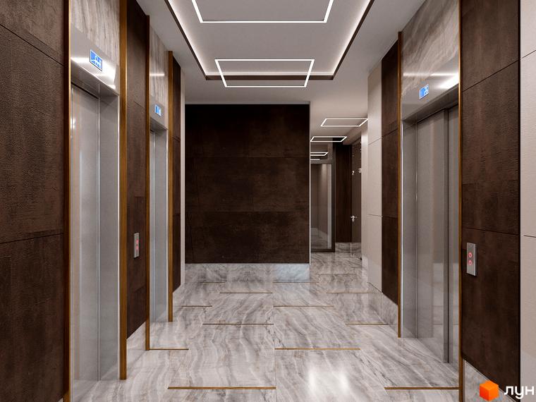 Ліфтовий хол Житлового комплексу Метрополія-2 з мармуровою підлогою, темними стінами та світлими панелями біля ліфтів.