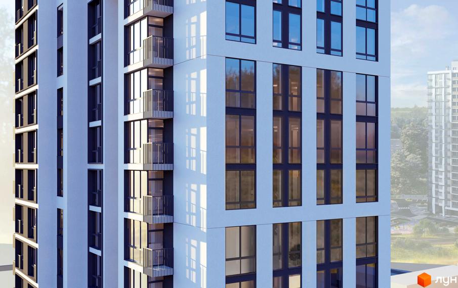 Висотна будівля житлового комплексу з великими вікнами та балконами. Навколо будинку видно прибудинкову територію з іншими будівлями.