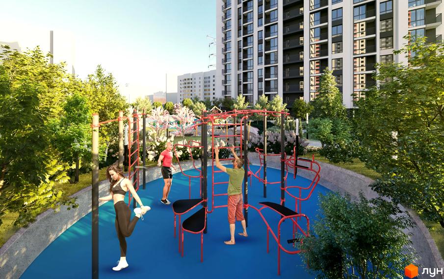 Житловий комплекс Метрополія-2 з багатоповерховими будинками та зоною для занять спортом на прибудинковій території.