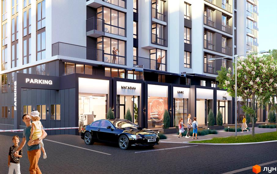 Вигляд фасаду будинку ЖК Метрополія-2 з паркінгом та комерційними приміщеннями на першому поверсі, біля будинку асфальтована дорога та зелені насадження.