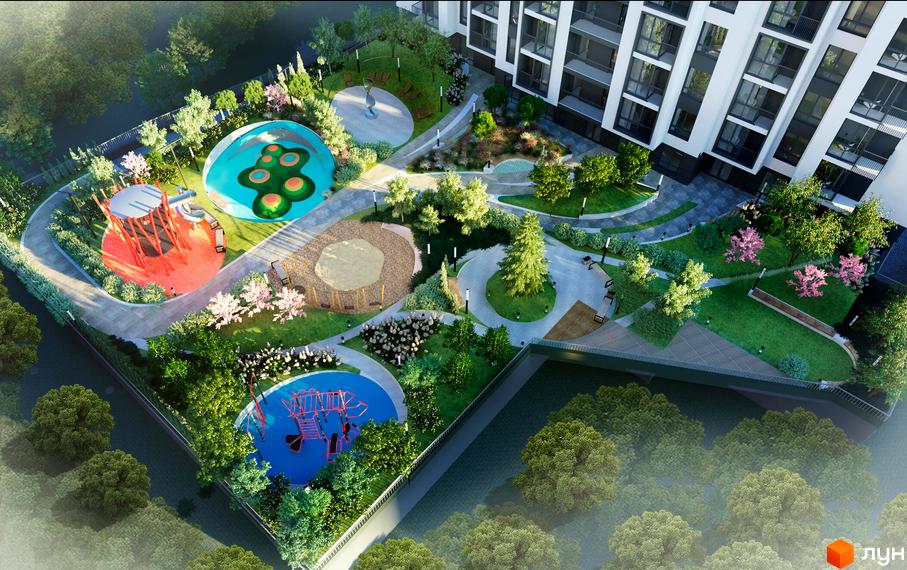 Житловий комплекс Метрополія-2: багатоповерховий будинок з білим фасадом та облаштована прибудинкова територія з майданчиками та зеленню.