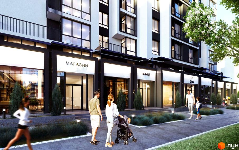 Житловий комплекс Метрополія-2: біло-темний фасад, великі вікна, комерційні приміщення. Облаштована пішохідна зона з зеленими насадженнями.