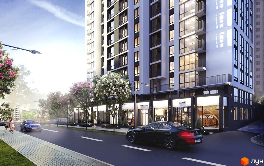 Новобудова Метрополія-2: високий будинок зі світлим фасадом та комерційними приміщеннями. Прибудинкова територія з дорогою, автомобілями та квітучими деревами.
