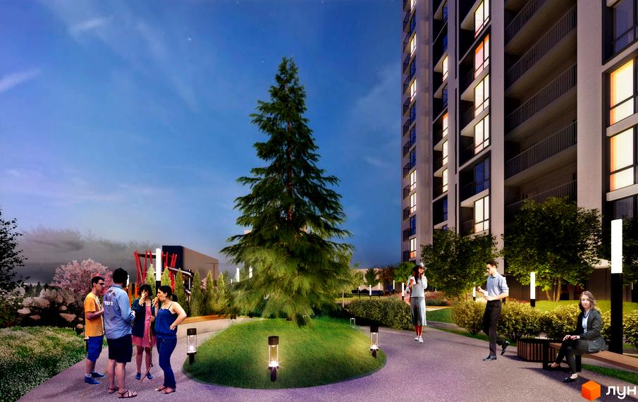 Висотна будівля житлового комплексу з великими вікнами та балконами, навколо доглянута прибудинкова територія з зеленими насадженнями та місцями для відпочинку.