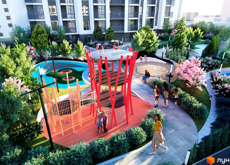 Житловий комплекс Метрополія-2: білі багатоповерхові будинки та облаштований двір з дитячим майданчиком, пісочницею та зеленими насадженнями.