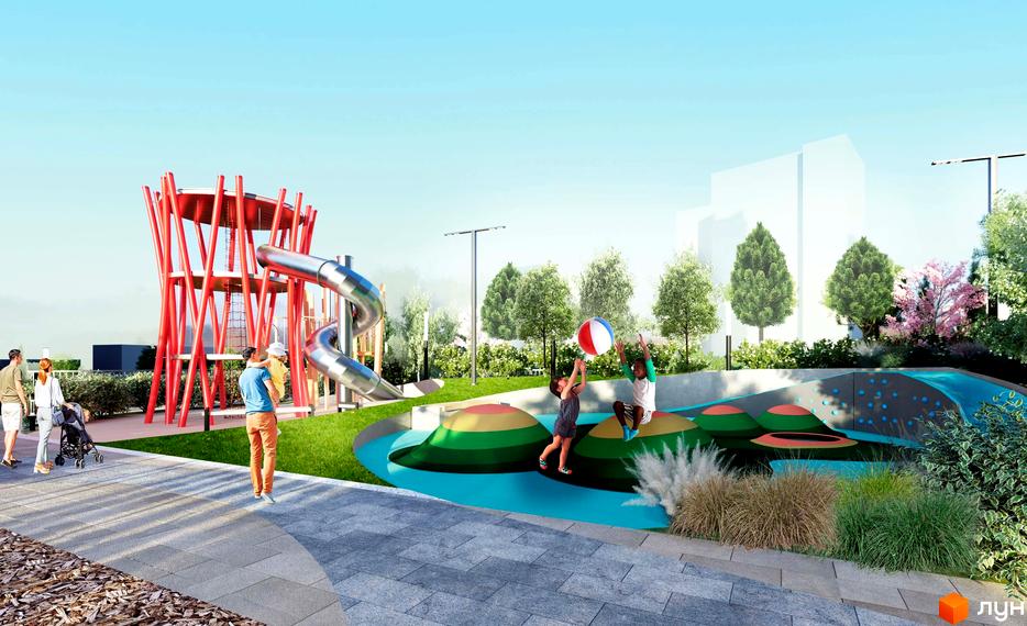 Дитячий майданчик житлового комплексу Метрополія-2 з гіркою та зоною для ігор. На території комплексу є зелені насадження та прогулянкові алеї.