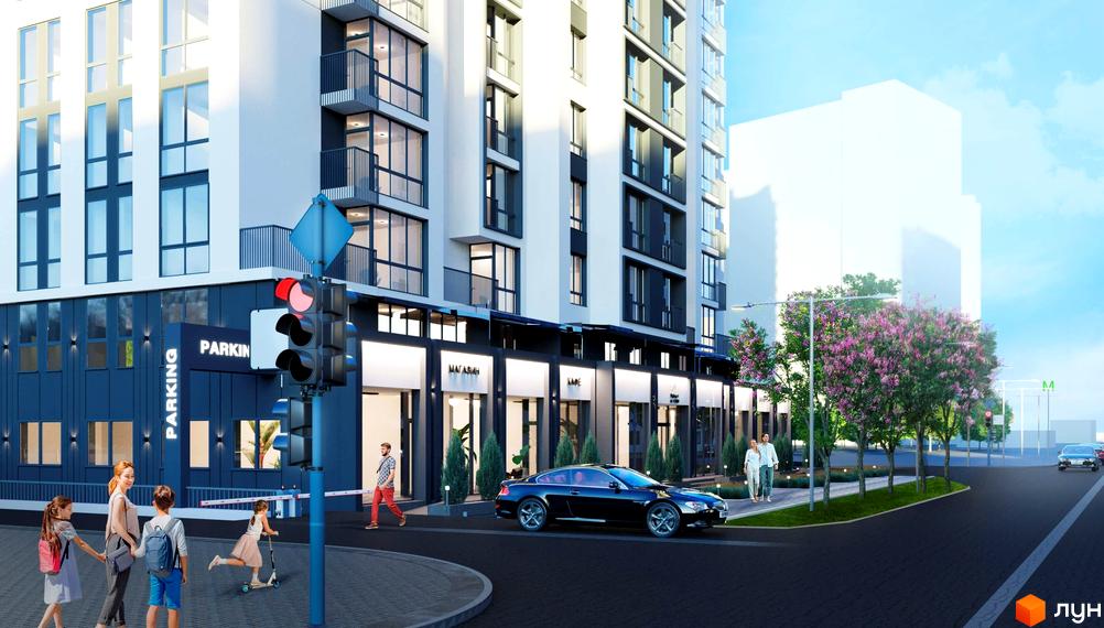 Фасад Житлового комплексу Метрополія-2 виконаний у світлих та темних тонах з великими вікнами. Перед будинком розташовані вулиця, тротуар з пішоходами та комерційні приміщення.