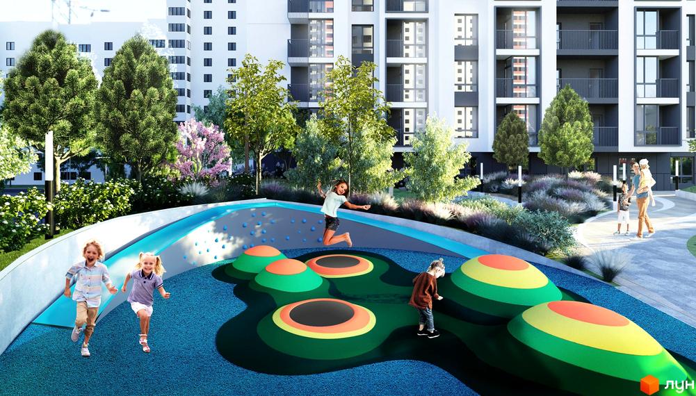 Житловий комплекс Метрополія-2 з білими багатоповерховими будинками та дитячим майданчиком з яскравими елементами. На території багато зелені та місця для відпочинку.